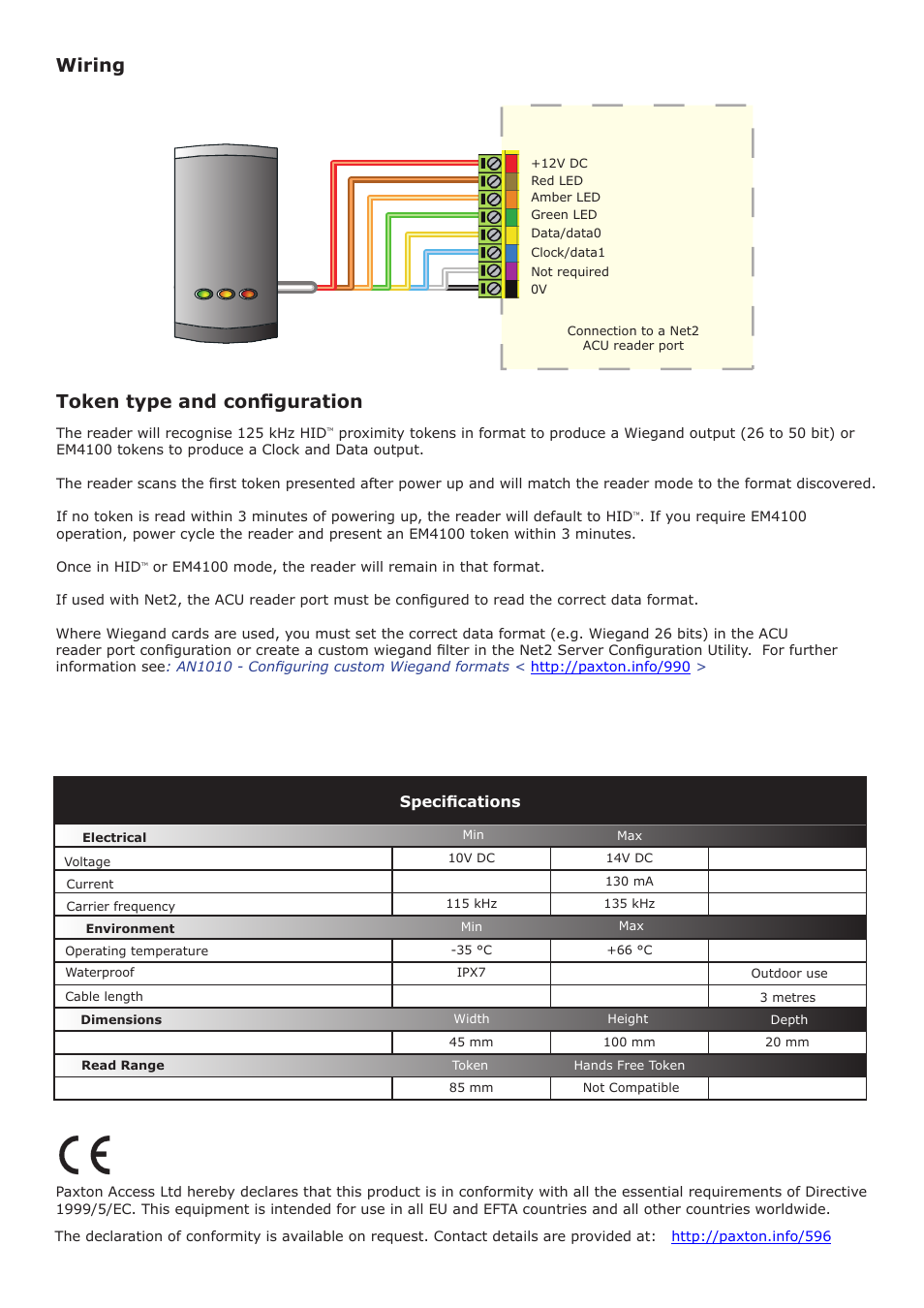 Wiring, Token type and configuration, Specifications | Paxton PROXIMITY Mullion HID reader User Manual | Page 4 / 4