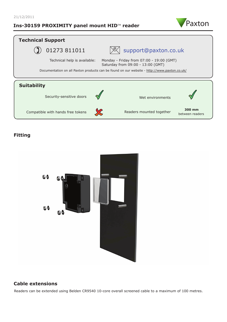 Paxton PROXIMITY panel mount HID reader User Manual | 4 pages