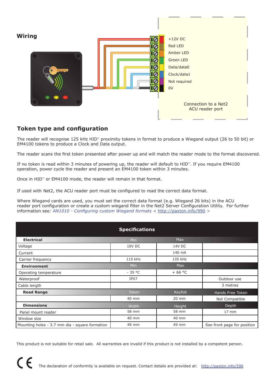 Wiring, Token type and configuration, Specifications | Paxton PROXIMITY panel mount HID reader User Manual | Page 2 / 4