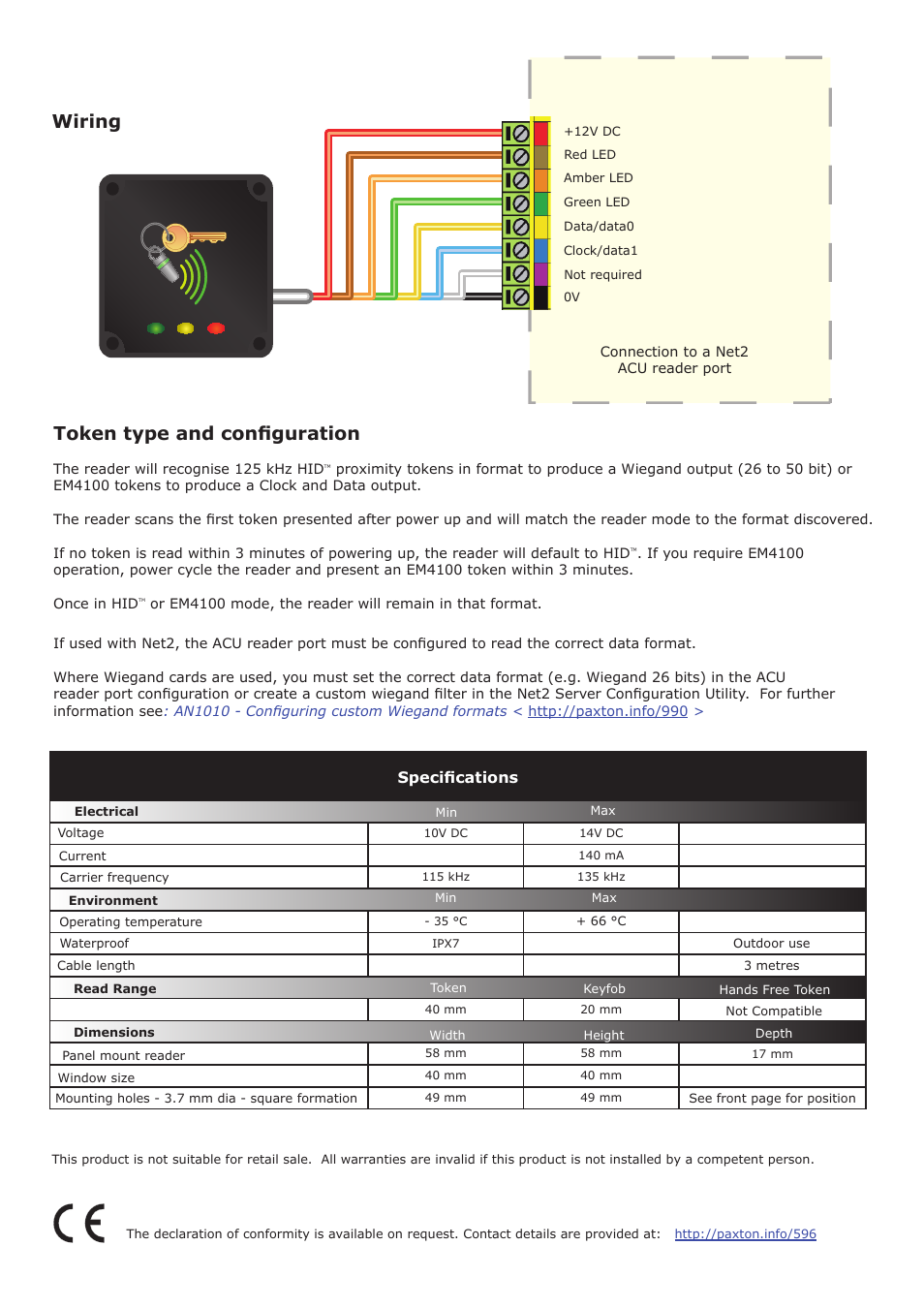 Wiring, Token type and configuration, Specifications | Paxton PROXIMITY panel mount HID reader User Manual | Page 4 / 4