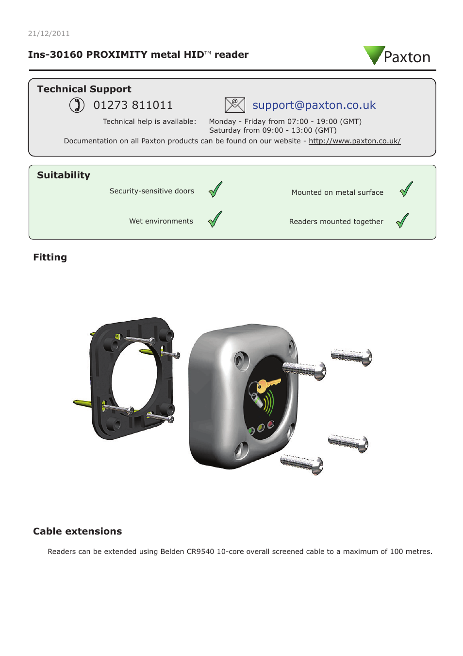 Paxton PROXIMITY metal HID reader User Manual | 4 pages