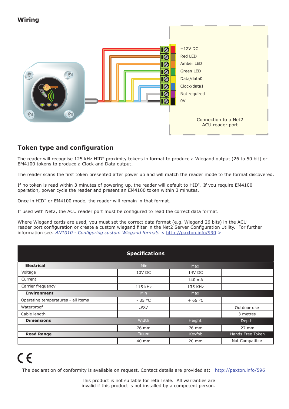 Wiring, Token type and configuration | Paxton PROXIMITY metal HID reader User Manual | Page 2 / 4