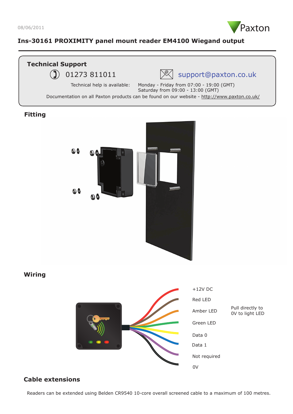 Paxton PROXIMITY panel mount reader EM4100 Wiegand output User Manual | 4 pages