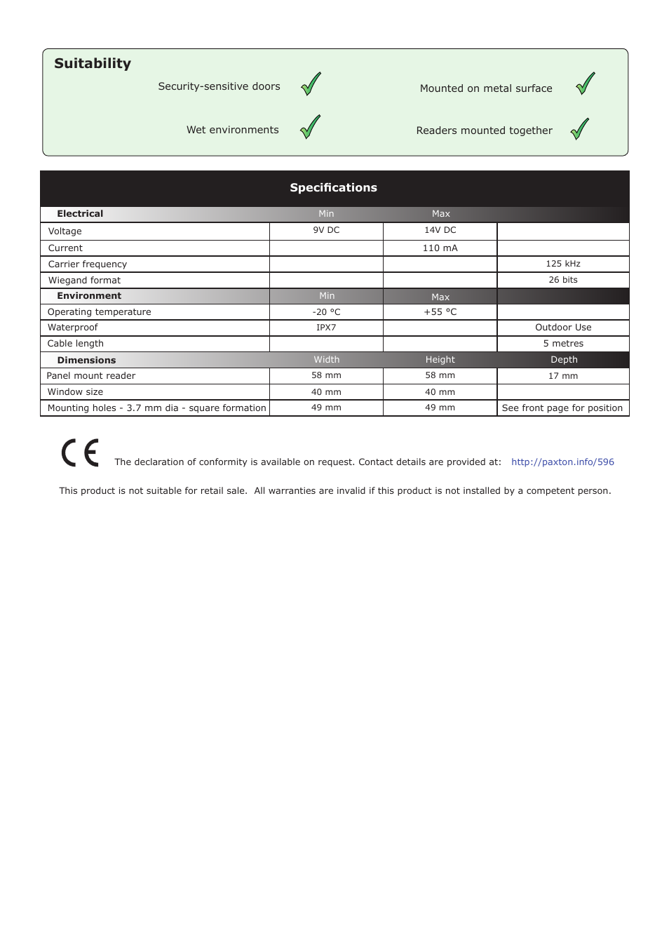 Suitability, Specifications | Paxton PROXIMITY panel mount reader EM4100 Wiegand output User Manual | Page 2 / 4