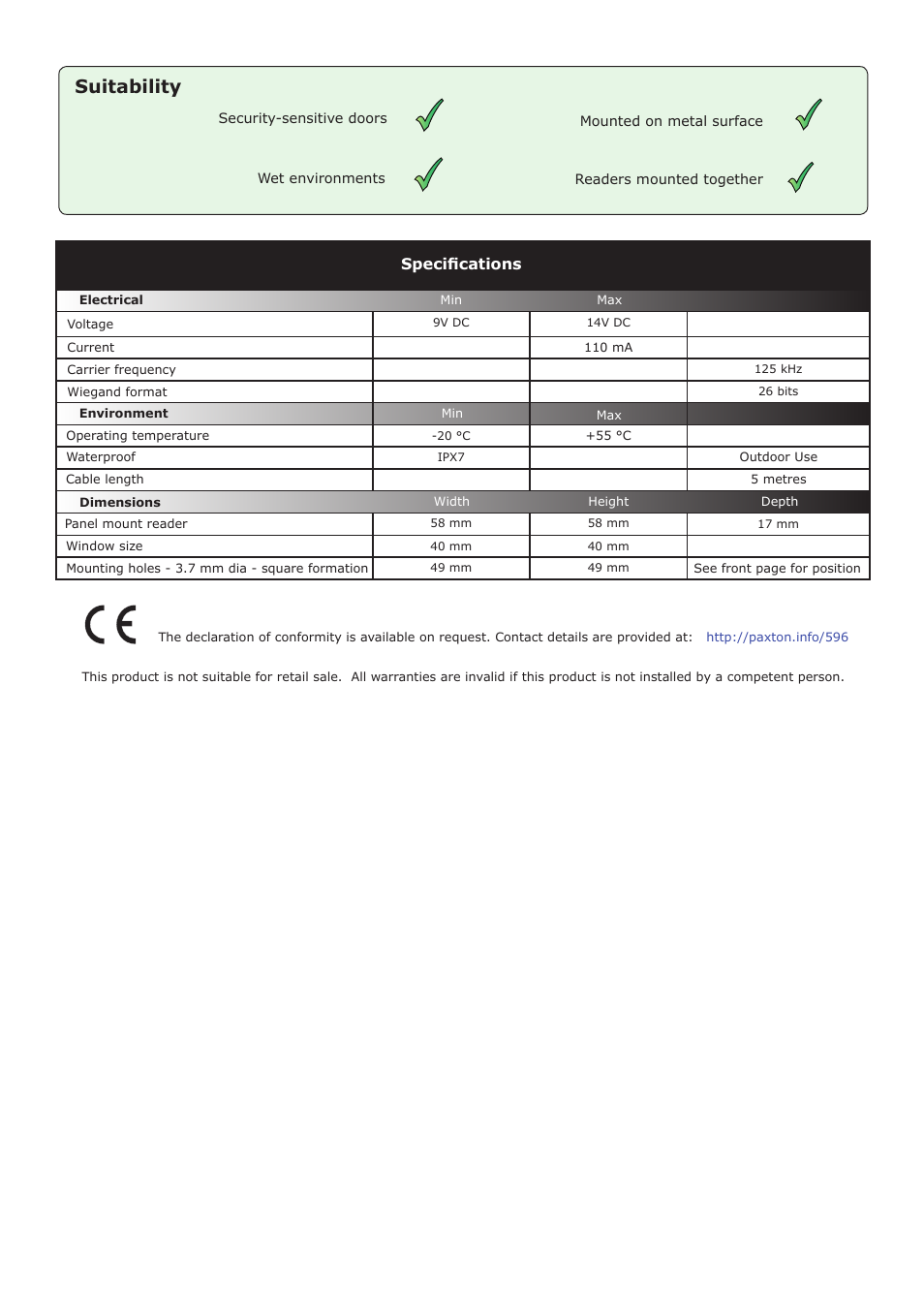 Suitability, Specifications | Paxton PROXIMITY panel mount reader EM4100 Wiegand output User Manual | Page 4 / 4