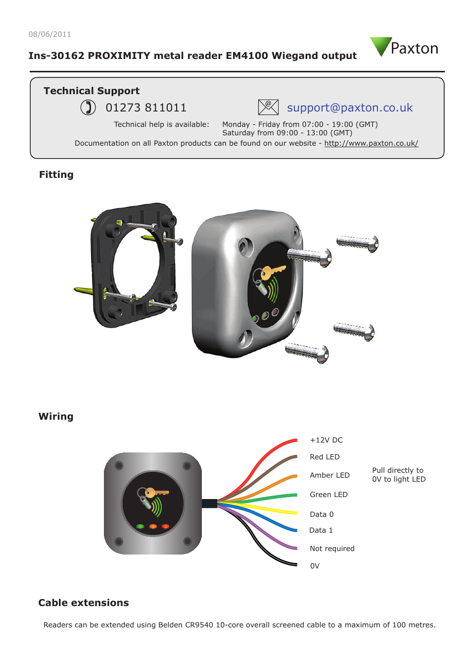 Paxton PROXIMITY metal reader EM4100 Wiegand output User Manual | 4 pages