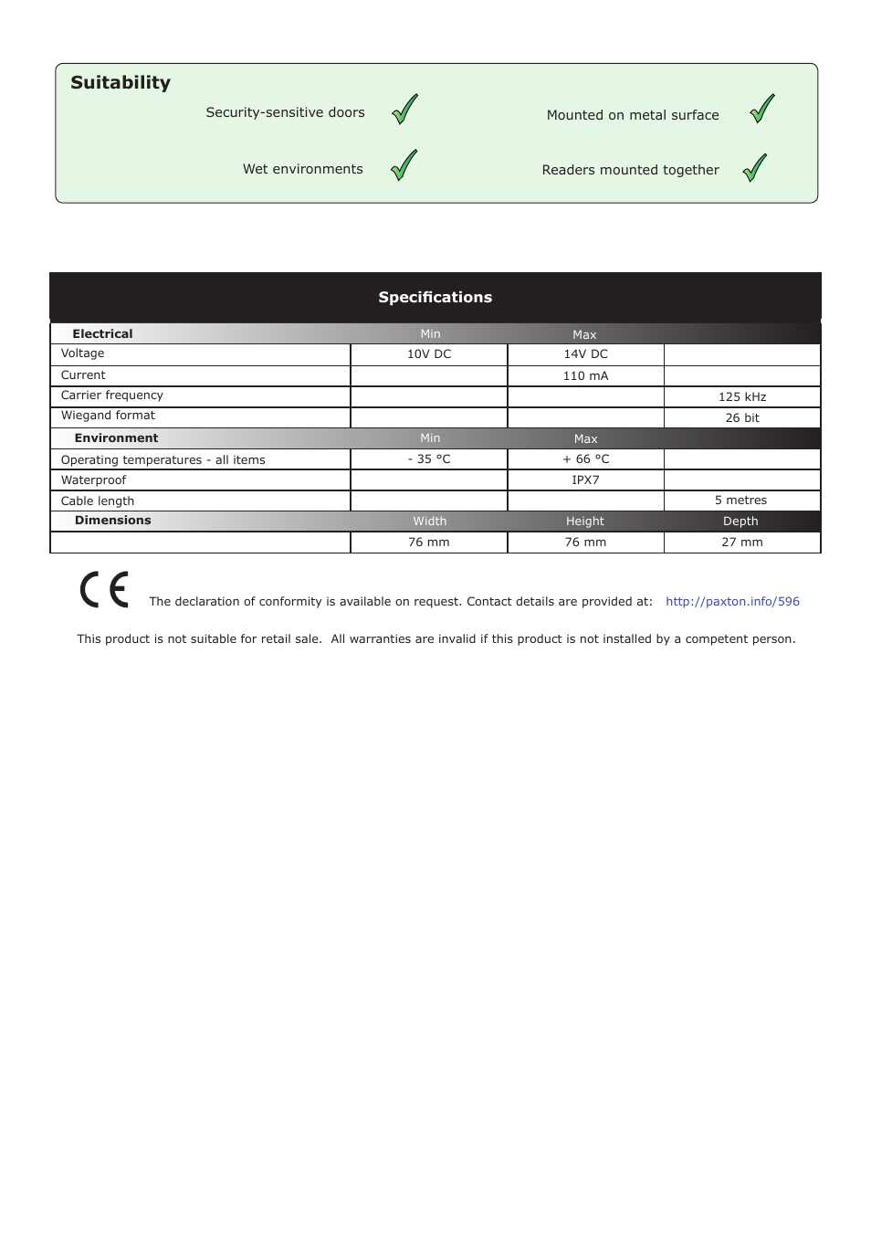 Suitability, Specifications | Paxton PROXIMITY metal reader EM4100 Wiegand output User Manual | Page 2 / 4