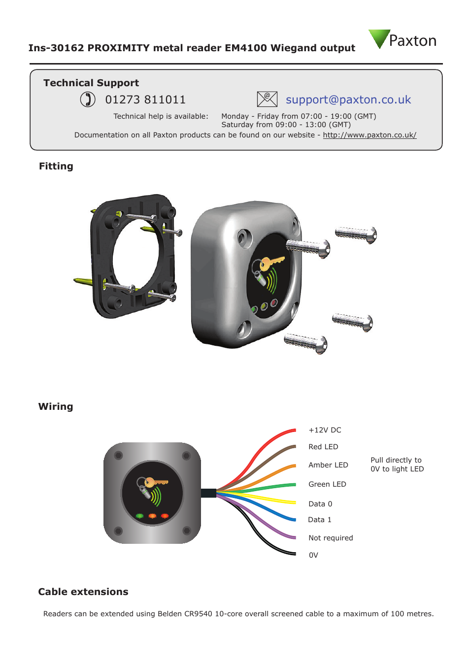 Paxton | Paxton PROXIMITY metal reader EM4100 Wiegand output User Manual | Page 3 / 4