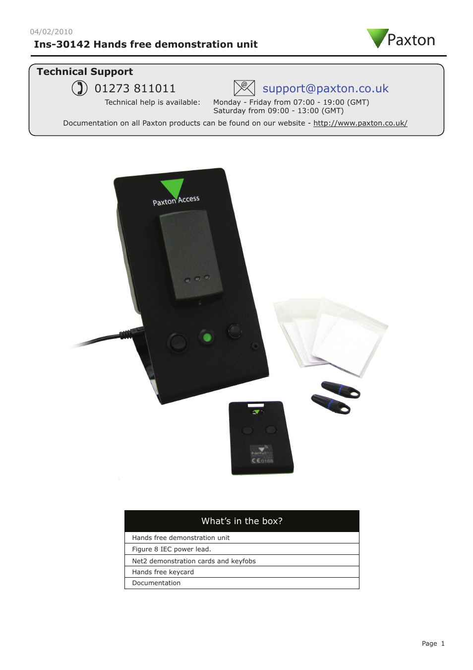 Paxton Hands free demonstration unit User Manual | 5 pages