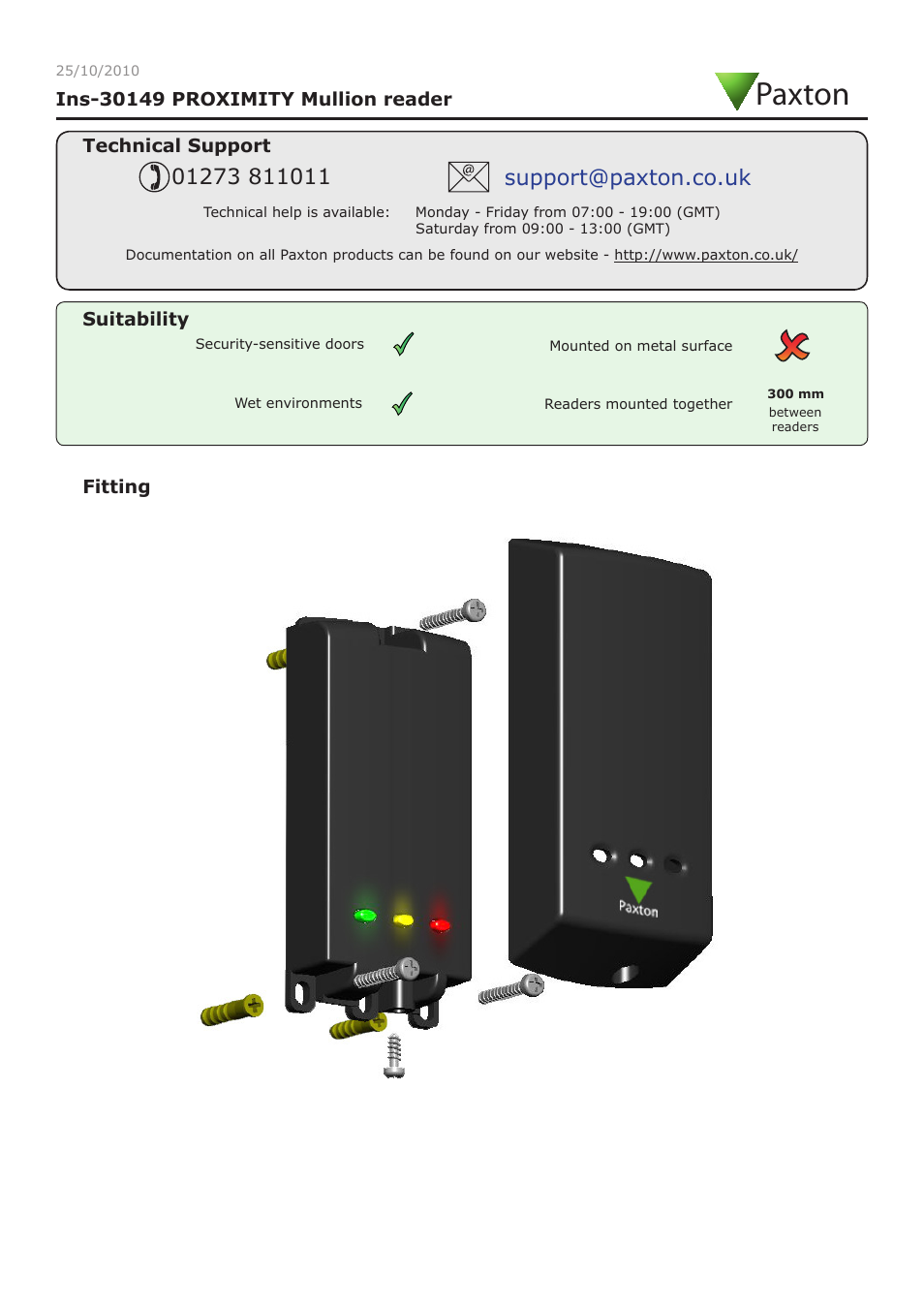 Paxton PROXIMITY Mullion reader User Manual | 3 pages