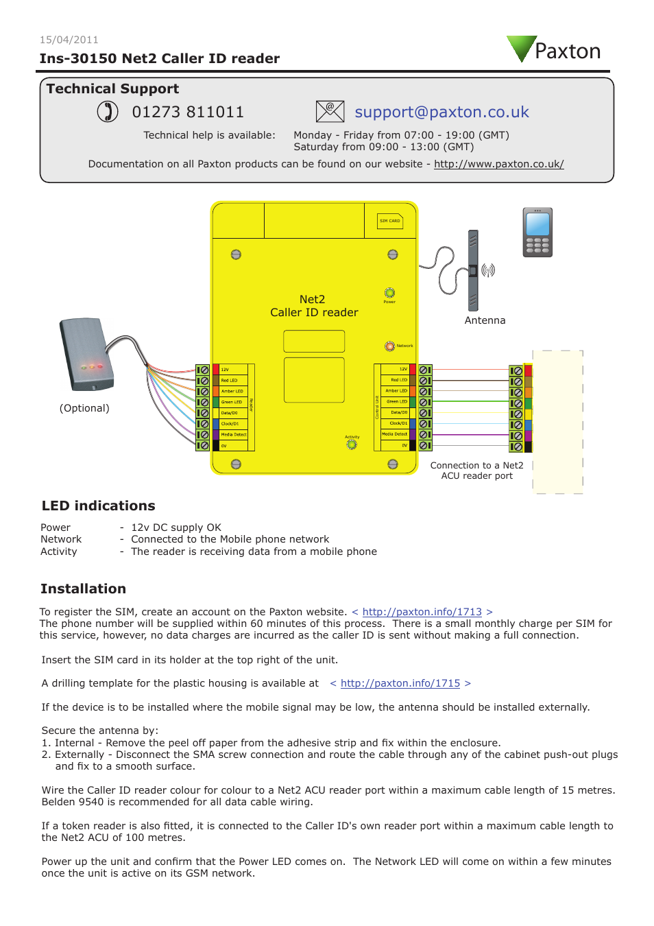 Paxton Net2 Caller ID reader User Manual | 4 pages