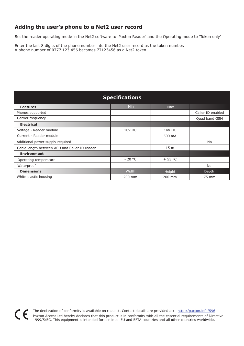 Specifications, Adding the user's phone to a net2 user record | Paxton Net2 Caller ID reader User Manual | Page 2 / 4