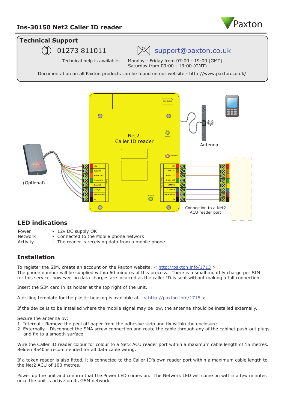 Paxton, Installation, Led indications | Paxton Net2 Caller ID reader User Manual | Page 3 / 4