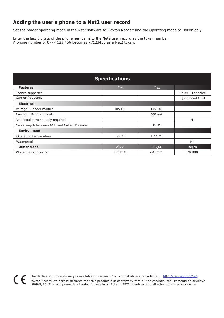 Adding the user's phone to a net2 user record, Specifications | Paxton Net2 Caller ID reader User Manual | Page 4 / 4