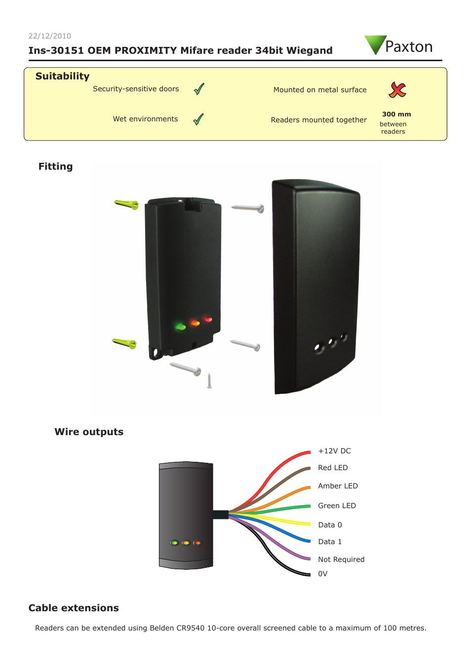 Paxton OEM PROXIMITY Mifare reader 34bit Wiegand User Manual | 4 pages