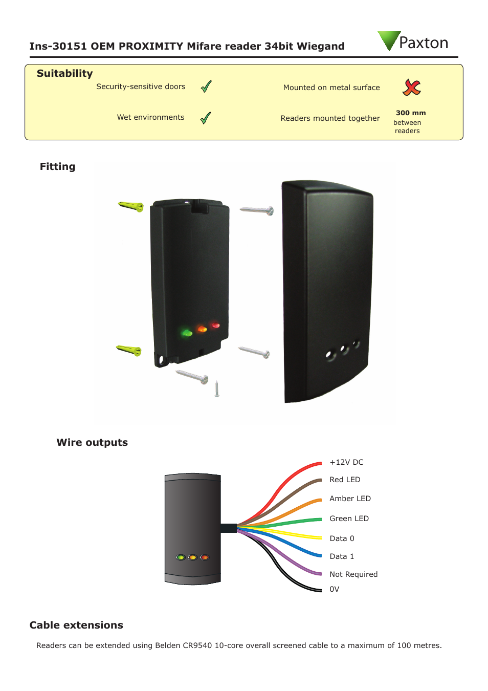 Paxton | Paxton OEM PROXIMITY Mifare reader 34bit Wiegand User Manual | Page 3 / 4
