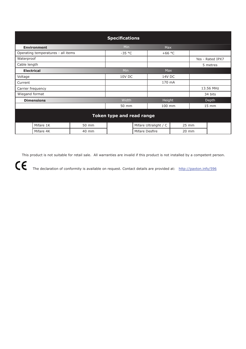 Token type and read range, Specifications | Paxton OEM PROXIMITY Mifare reader 34bit Wiegand User Manual | Page 4 / 4