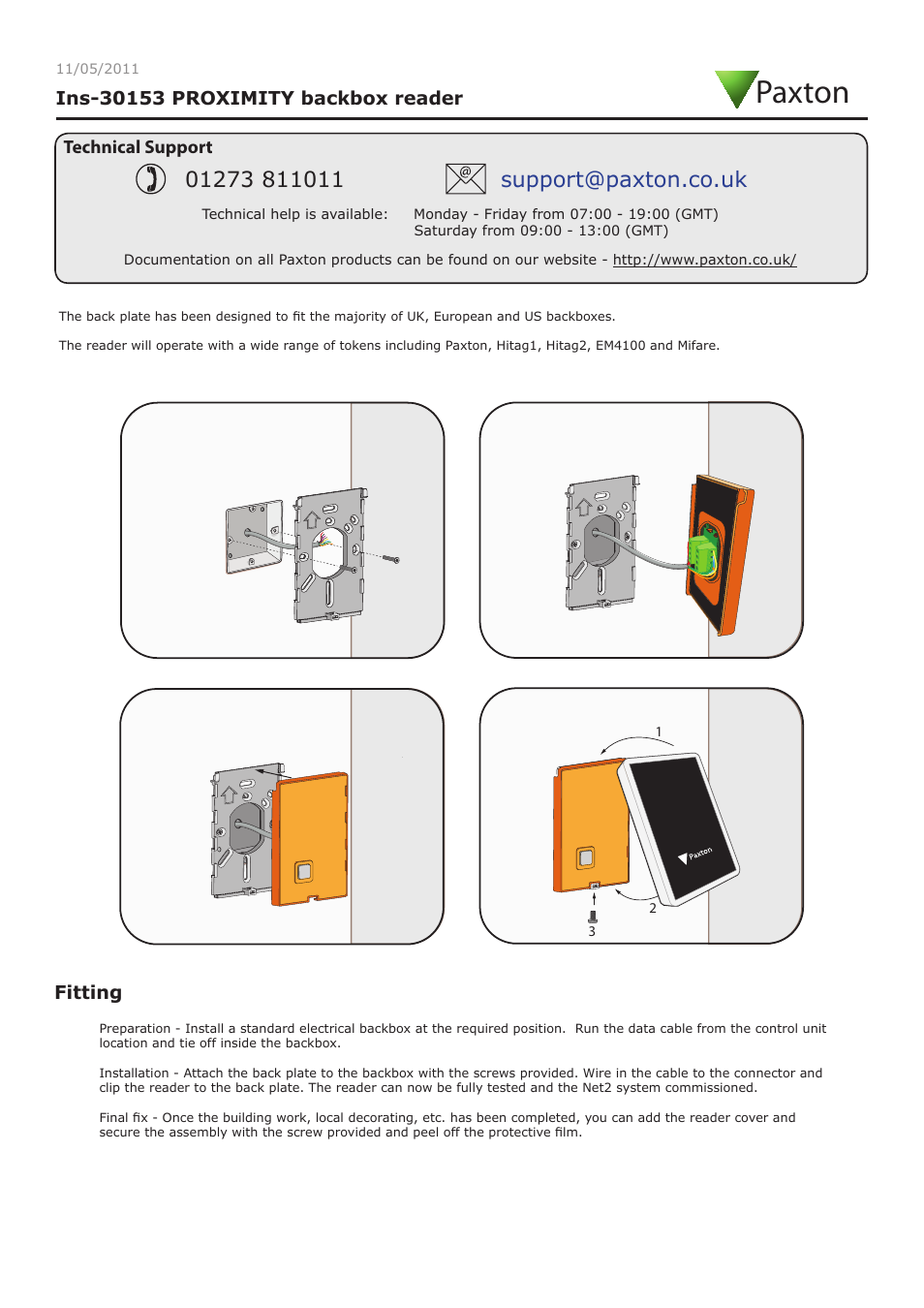 Paxton PROXIMITY backbox reader User Manual | 4 pages