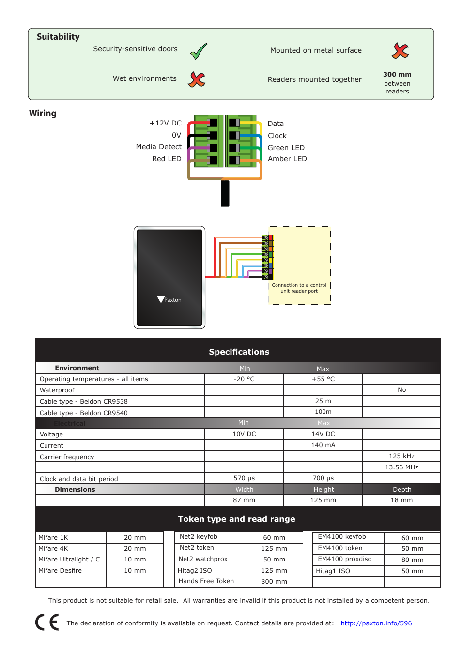 Wiring, Suitability, Token type and read range | Specifications | Paxton PROXIMITY backbox reader User Manual | Page 2 / 4