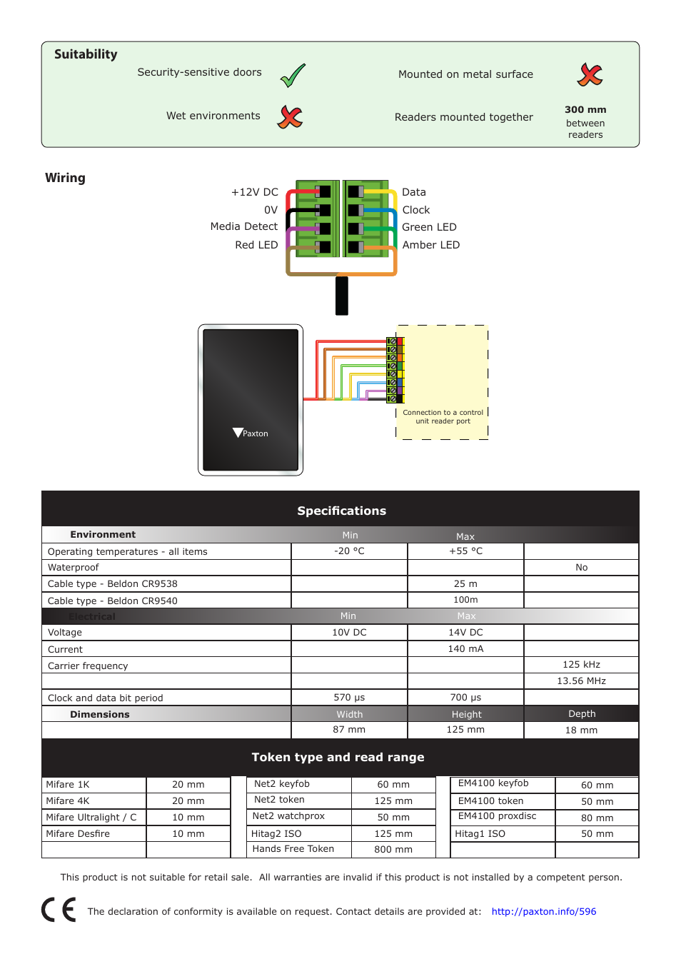 Wiring, Suitability, Token type and read range | Specifications | Paxton PROXIMITY backbox reader User Manual | Page 4 / 4
