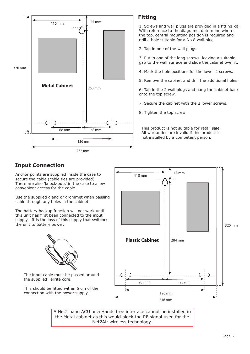 Fitting metal cabinet plastic cabinet, Input connection | Paxton 24V AC/DC power supply with Net2 ACU User Manual | Page 2 / 3