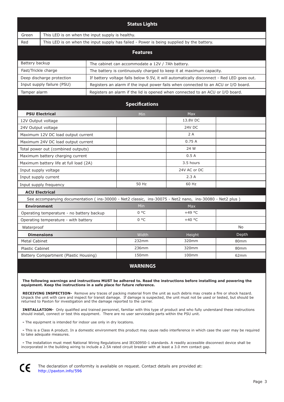 Status lights specifications, Features, Warnings | Paxton 24V AC/DC power supply with Net2 ACU User Manual | Page 3 / 3