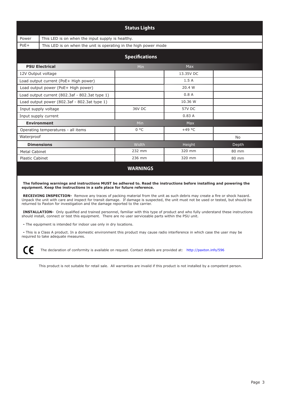 Status lights specifications, Warnings | Paxton 12V DC PoE+ power supply in cabinet with Net2 plus User Manual | Page 3 / 3