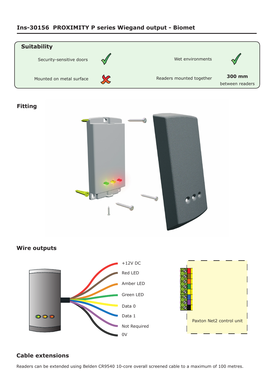 Wire outputs, Cable extensions | Paxton PROXIMITY P series Wiegand output - Biomet User Manual | Page 3 / 4