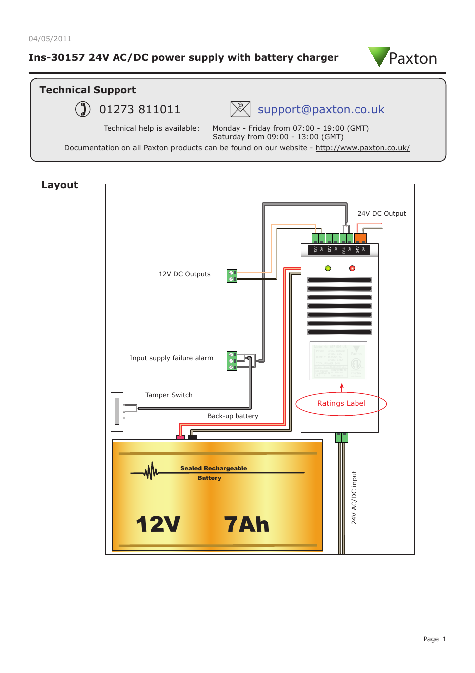 Paxton 24V AC/DC power supply with battery charger User Manual | 3 pages