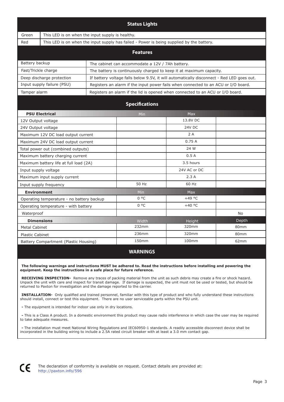 Status lights specifications, Features, Warnings | Paxton 24V AC/DC power supply with battery charger User Manual | Page 3 / 3
