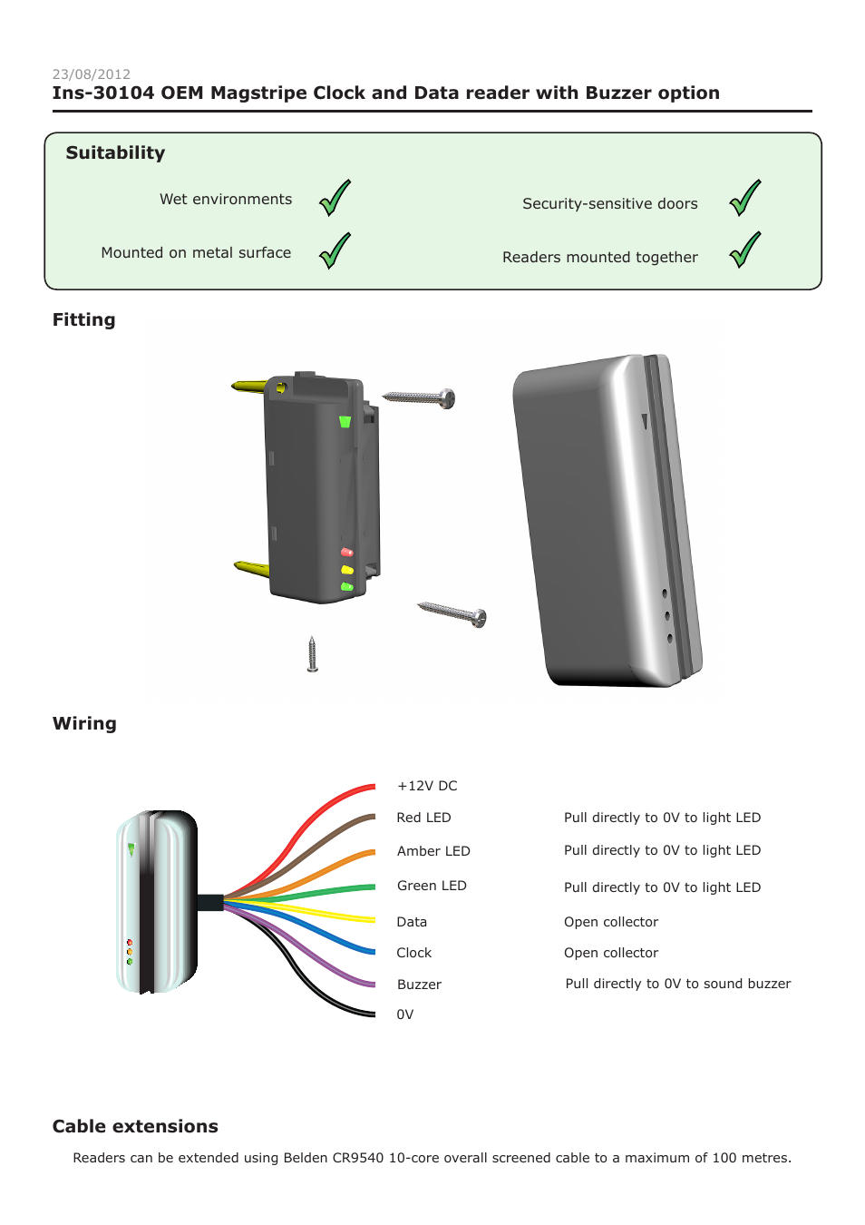 Paxton OEM Magstripe Clock and Data reader with Buzzer option User Manual | 2 pages