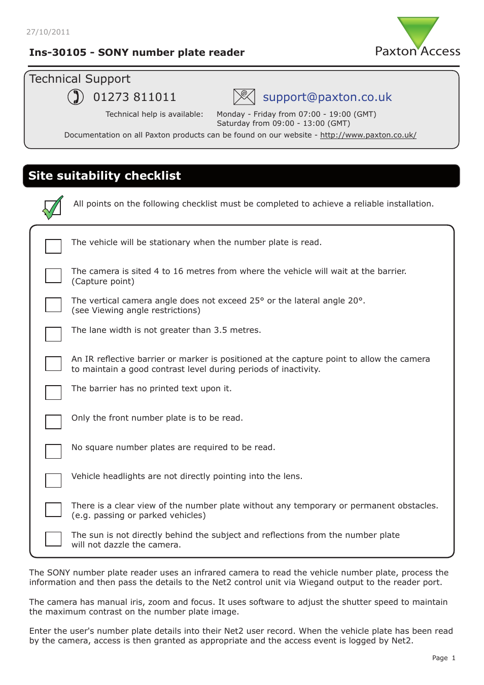 Paxton SONY number plate reader User Manual | 11 pages