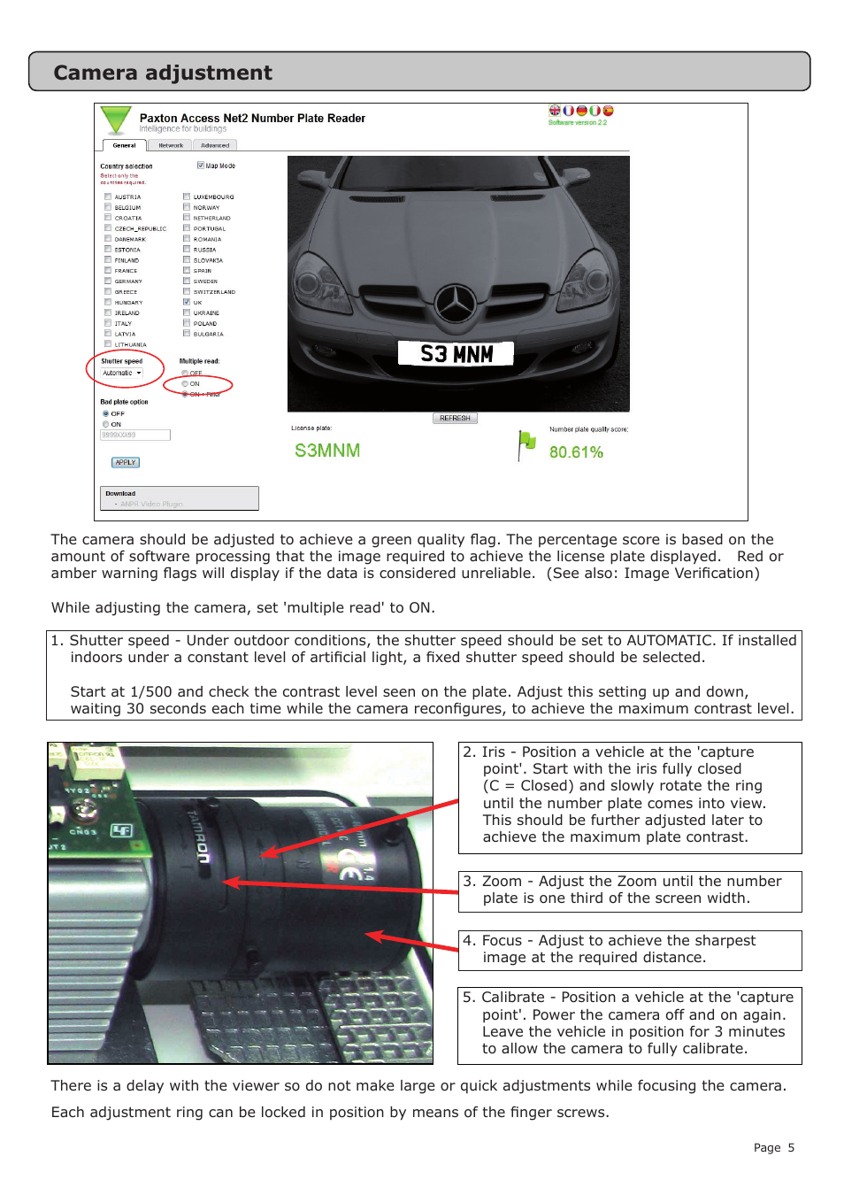 Camera adjustment | Paxton SONY number plate reader User Manual | Page 5 / 11