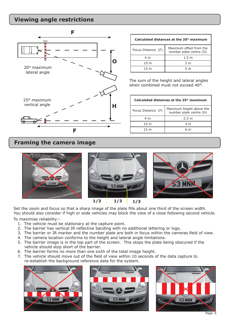 Viewing angle restrictions, Framing the camera image | Paxton SONY number plate reader User Manual | Page 6 / 11