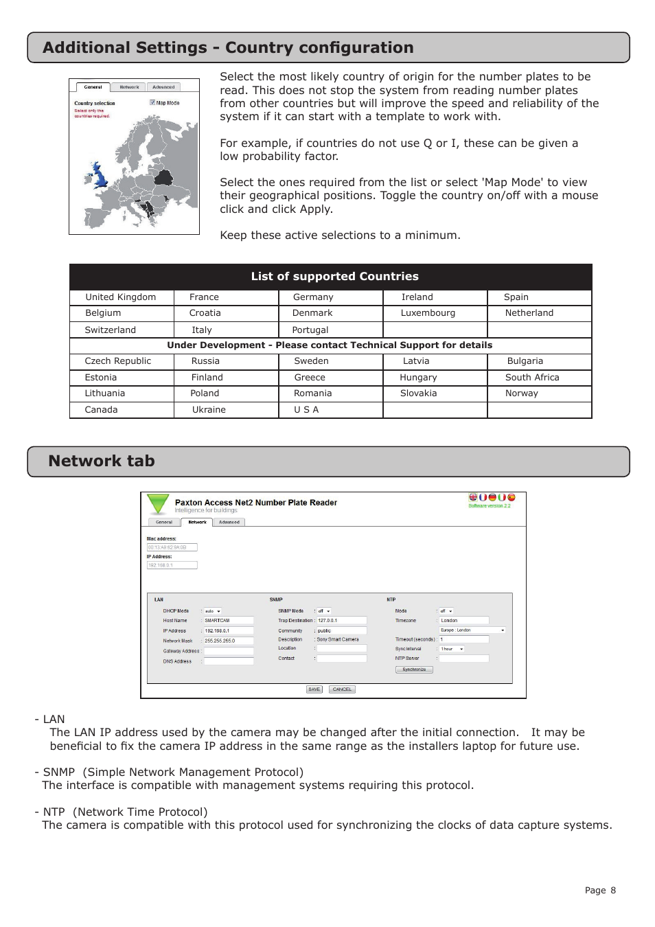 Network tab, Additional settings - country configuration | Paxton SONY number plate reader User Manual | Page 8 / 11