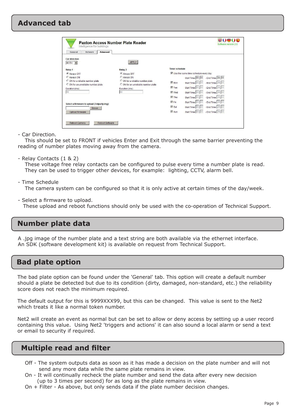 Number plate data, Bad plate option, Advanced tab multiple read and filter | Paxton SONY number plate reader User Manual | Page 9 / 11