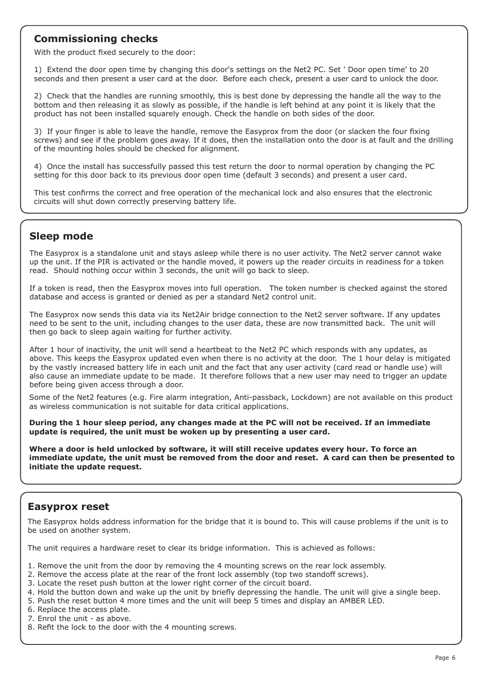 Easyprox reset, Sleep mode, Commissioning checks | Paxton Easyprox nano User Manual | Page 6 / 8