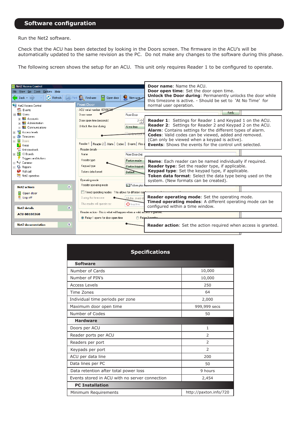 Software configuration, Specifications | Paxton Net2 Evaluation Kit User Manual | Page 3 / 5