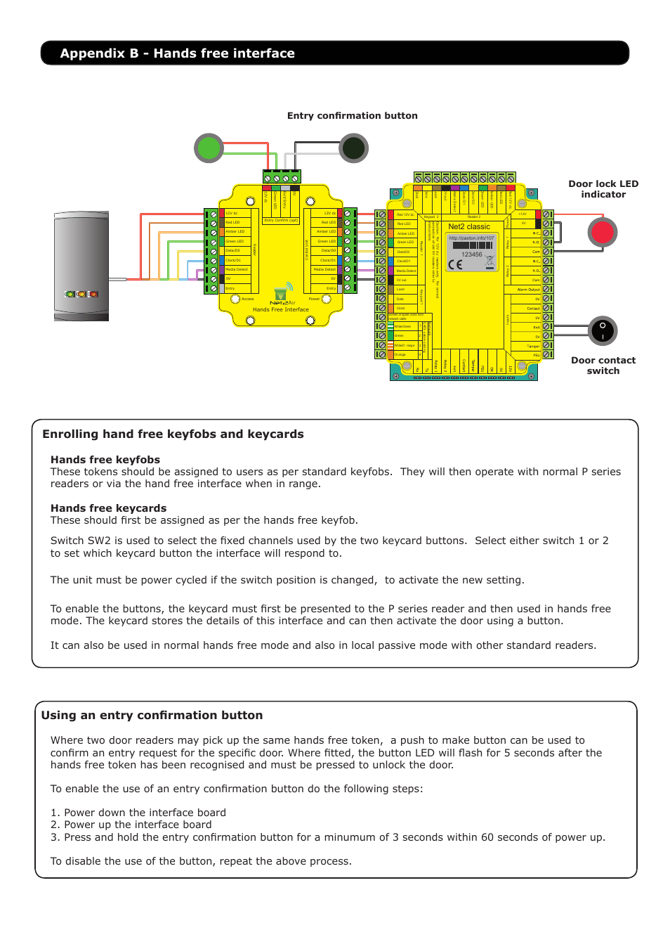 Appendix b - hands free interface, Using an entry confirmation button, Enrolling hand free keyfobs and keycards | Net2 classic | Paxton Net2 Evaluation Kit User Manual | Page 5 / 5