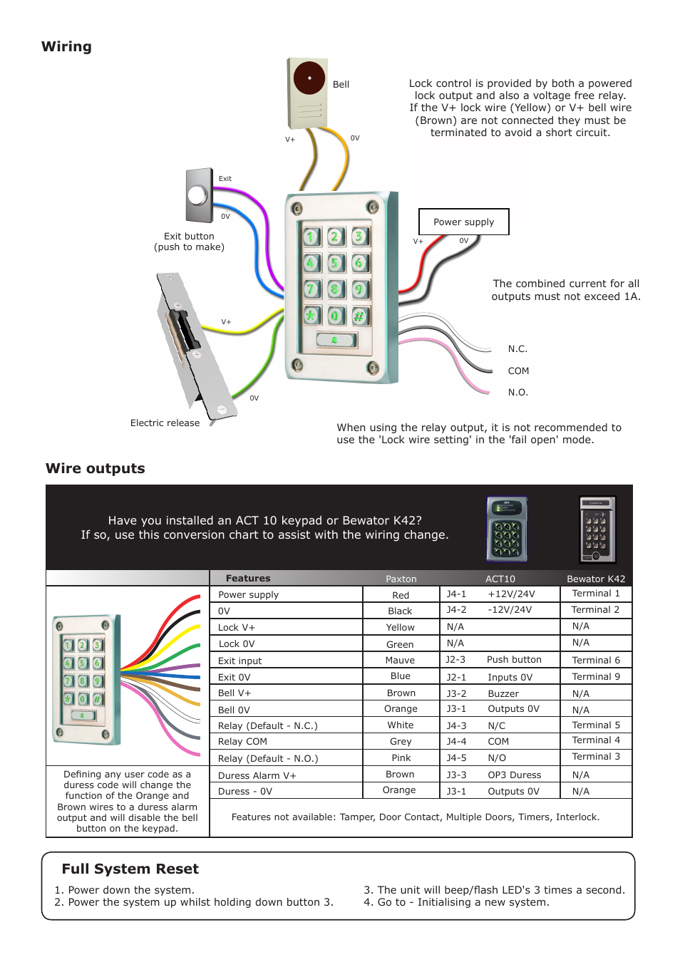 Wiring, Full system reset, Wire outputs | Paxton Vandal resistant compact metal keypad User Manual | Page 2 / 4