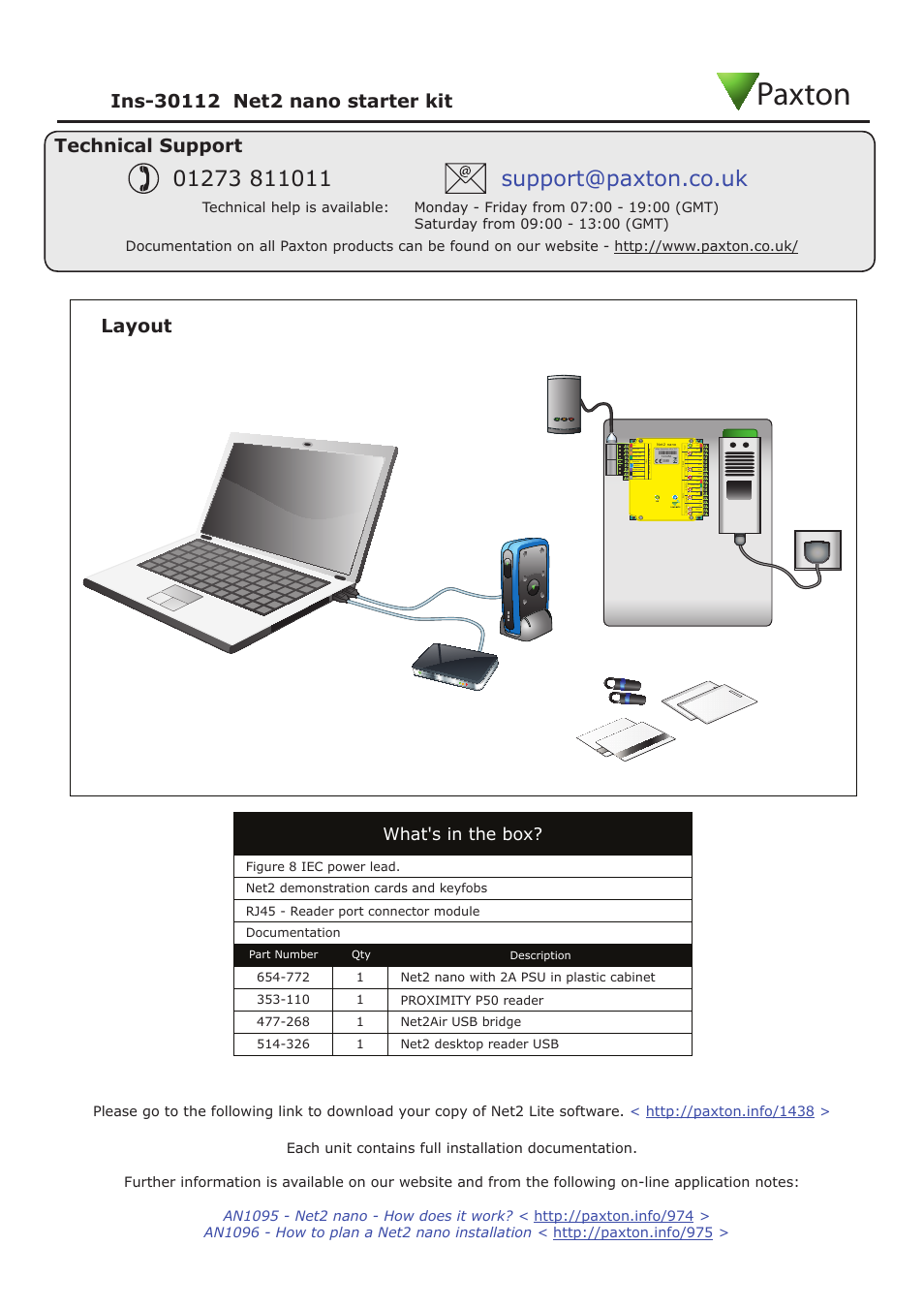 Paxton, Technical support, What's in the box | Paxton Net2 nano starter kit User Manual | Page 2 / 2