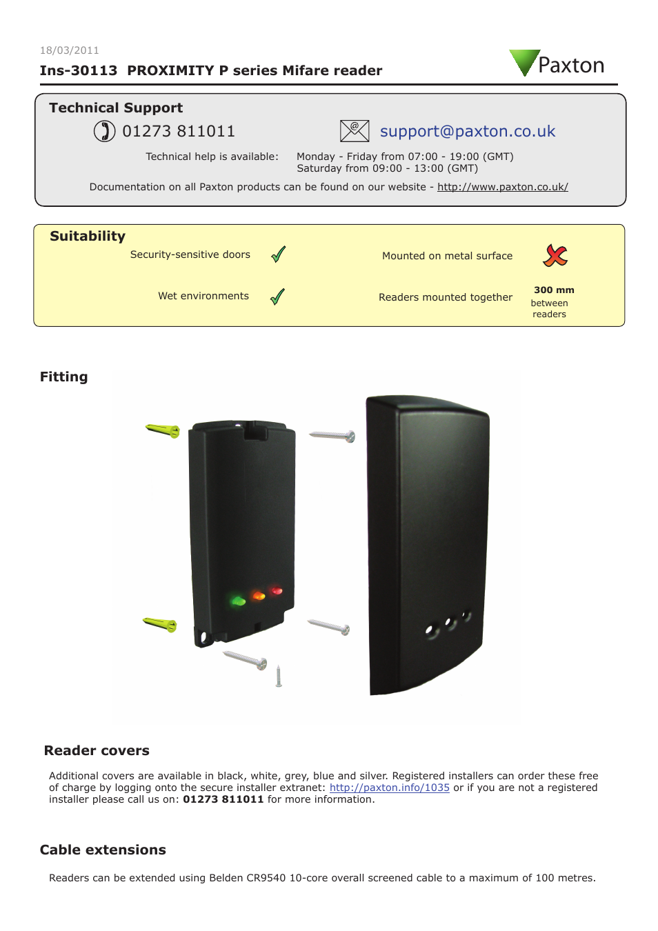 Paxton PROXIMITY P series Mifare reader User Manual | 4 pages