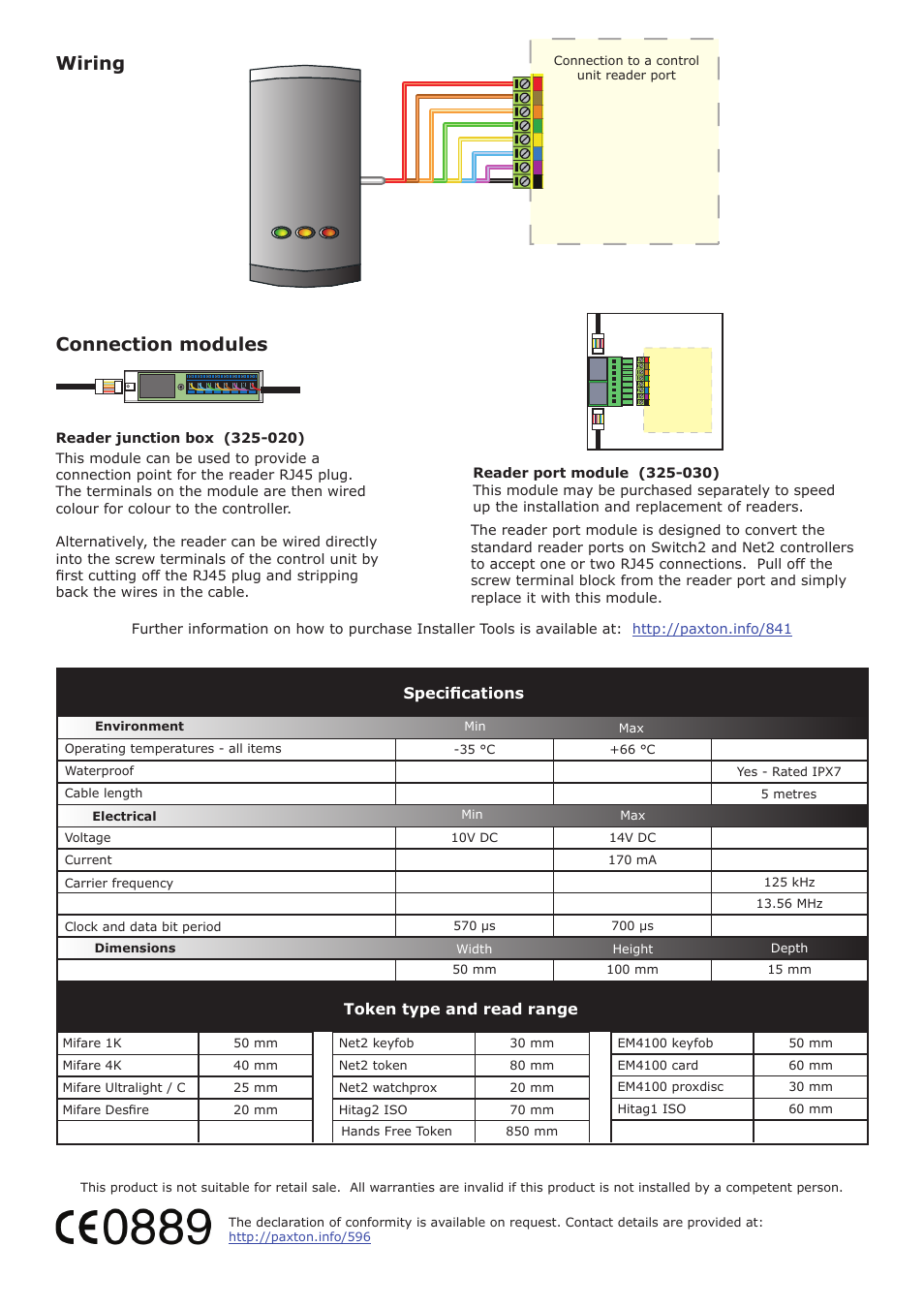 Wiring, Connection modules | Paxton PROXIMITY P series Mifare reader User Manual | Page 2 / 4