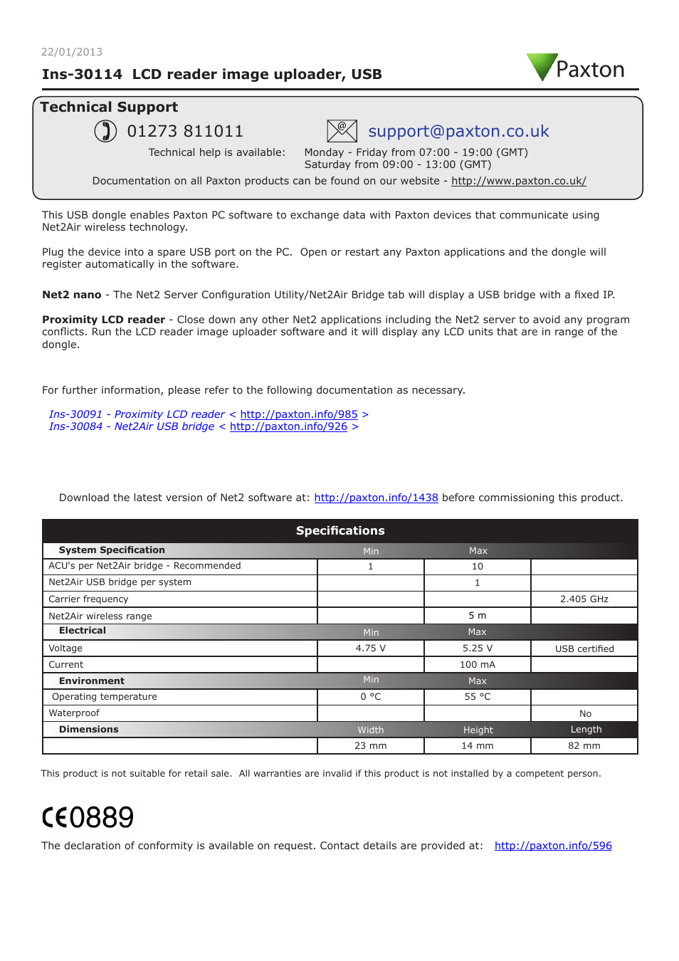 Paxton LCD reader image uploader, USB User Manual | 2 pages