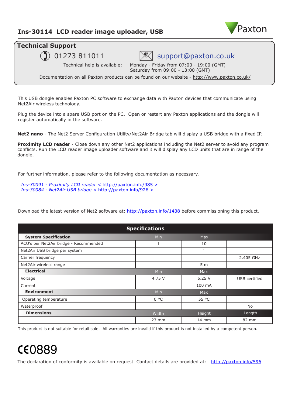 Paxton | Paxton LCD reader image uploader, USB User Manual | Page 2 / 2