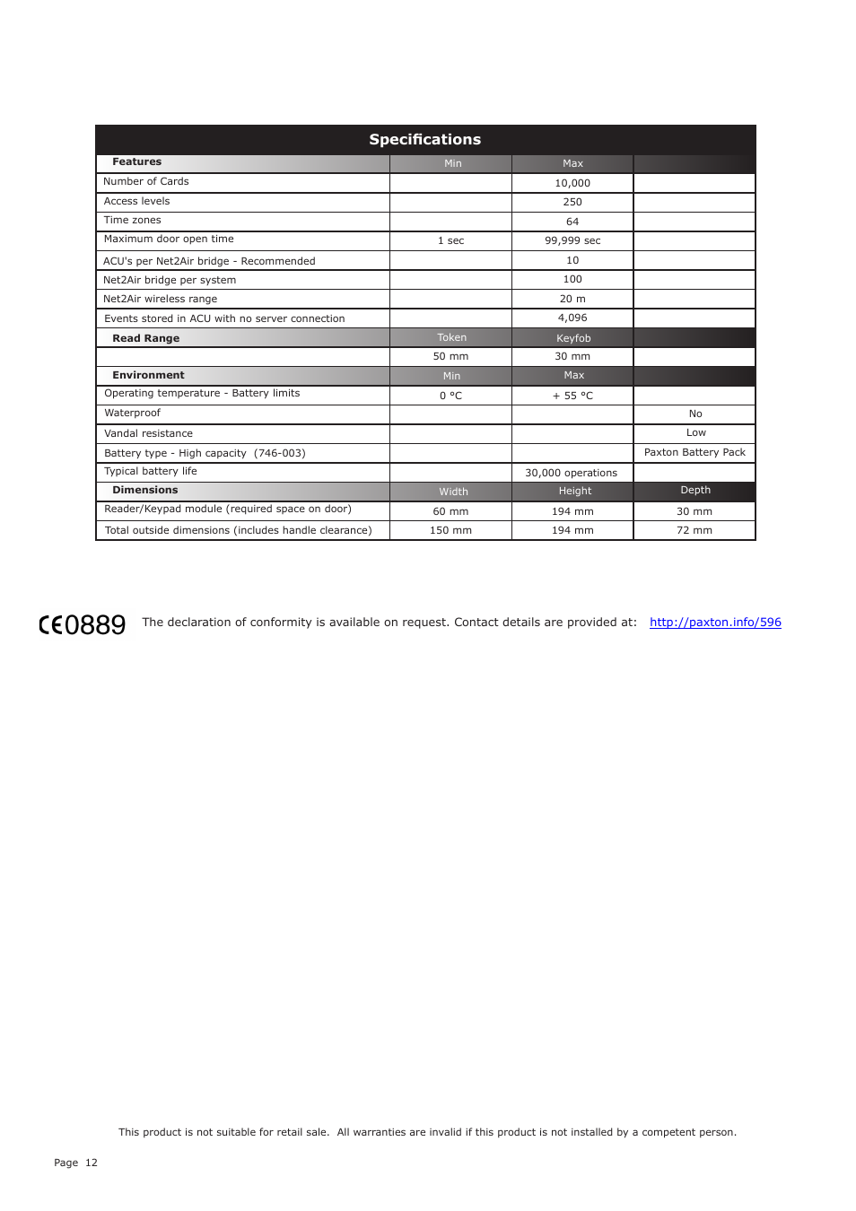 Specifications | Paxton Easyprox nano starter kit User Manual | Page 12 / 12