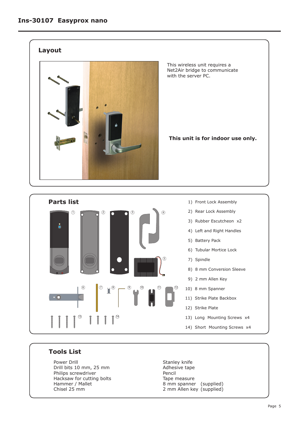 Parts list tools list, Layout, This unit is for indoor use only | Paxton Easyprox nano starter kit User Manual | Page 5 / 12