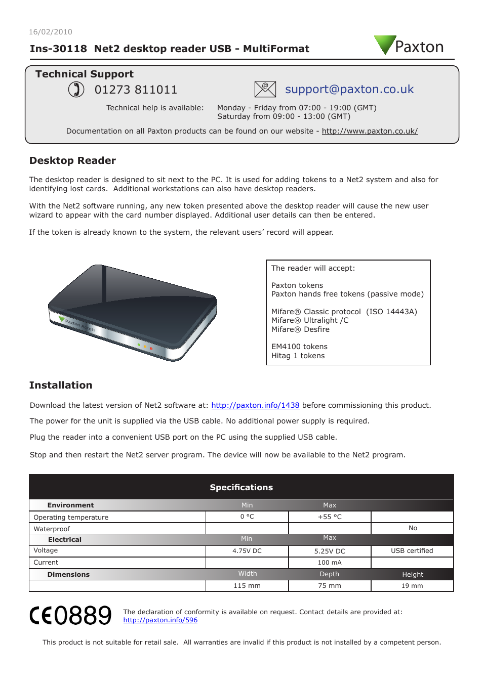 Paxton Net2 desktop reader USB - MultiFormat User Manual | 2 pages
