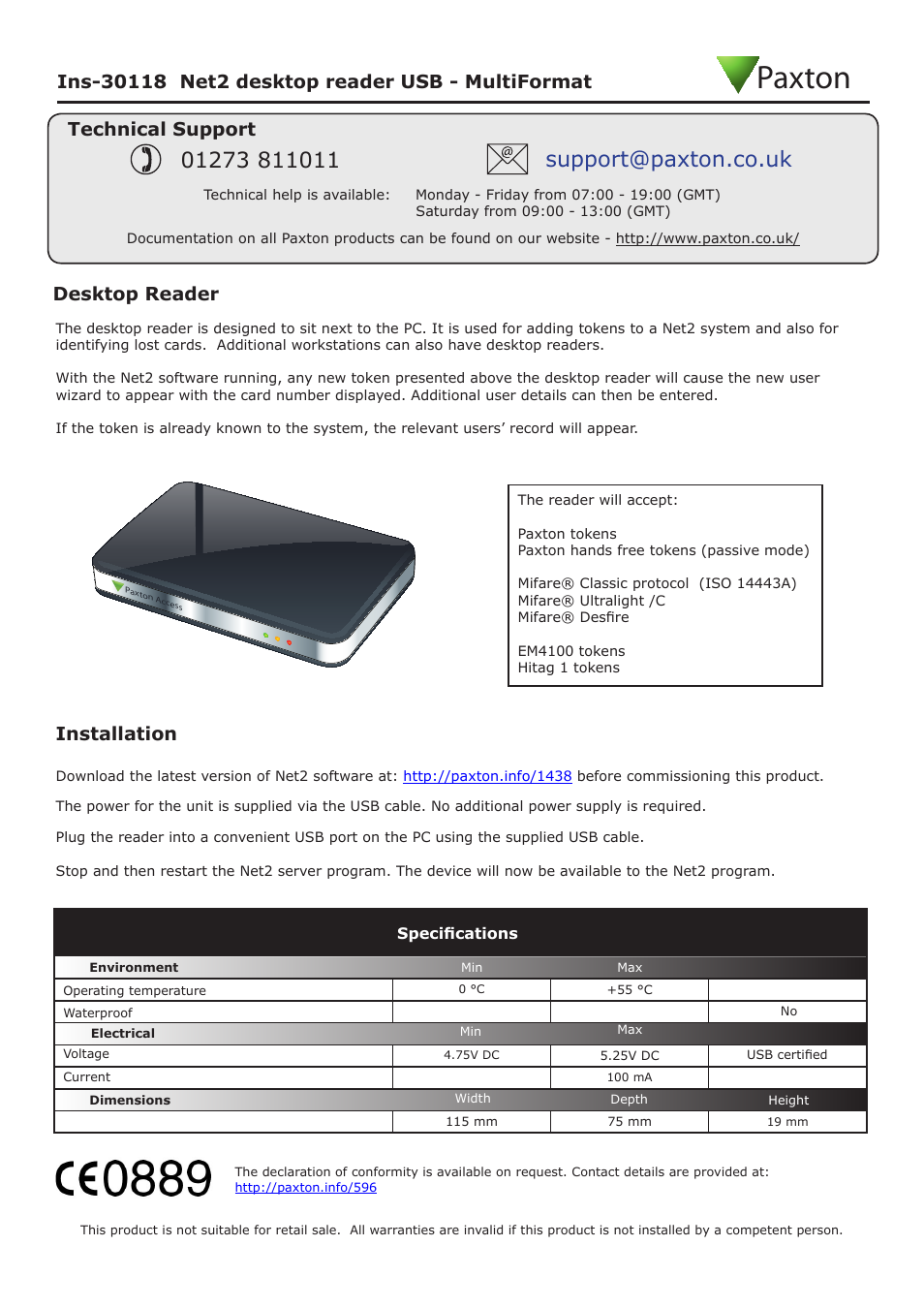 Paxton, Installation, Technical support | Paxton Net2 desktop reader USB - MultiFormat User Manual | Page 2 / 2