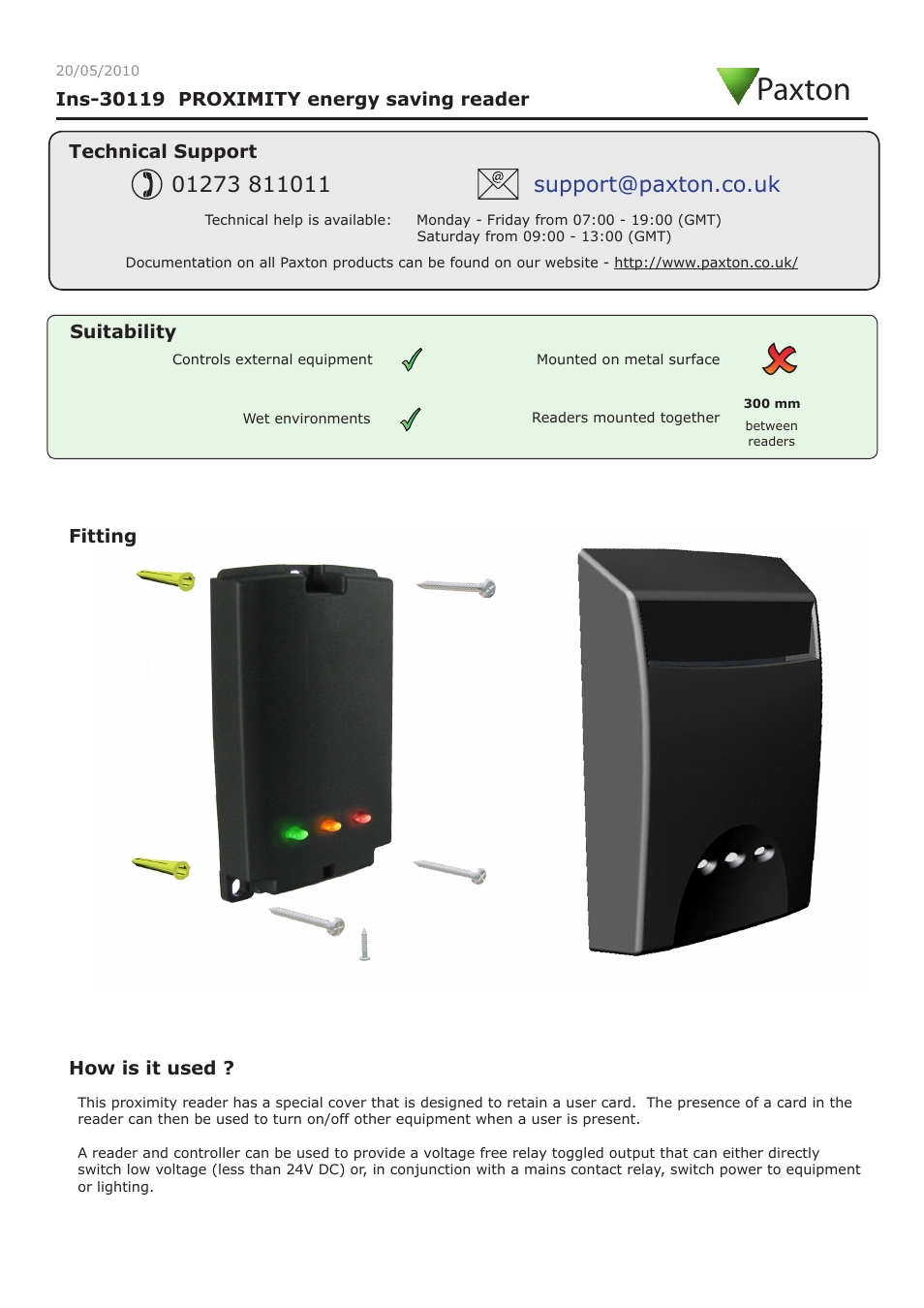 Paxton PROXIMITY energy saving reader User Manual | 3 pages